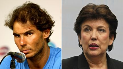 Montage du tennisman Rafael Nadal, en conférence de presse après un match à Miami le 26 mars 2016, et de l'ancienne ministre Roselyne Bachelot,&nbsp;lors d'une conférence de presse à Berlin, le 3 février 2011. (DAVID GANNON / GETTY IMAGES NORTH AMERICA / AFP)