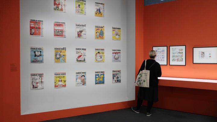 Les unes de Charlie Hebdo dessinées par Catherine Meurisse, exposée dans l'exposition "Catherine Meurisse- La vie en dessin", 29 septembre 2020 (Laurence Houot / FRANCEINFO Culture)