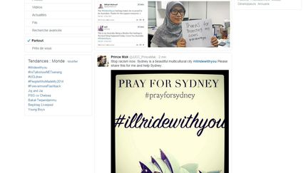 Capture d'&eacute;cran de Twitter affichant les r&eacute;sultats du hashtag #illridewithyou, qui a &eacute;merg&eacute; sur les r&eacute;seaux sociaux lors de la prise d'otage en cours &agrave; Sydney (Australie), le 15 d&eacute;cembre 2014. (TWITTER)