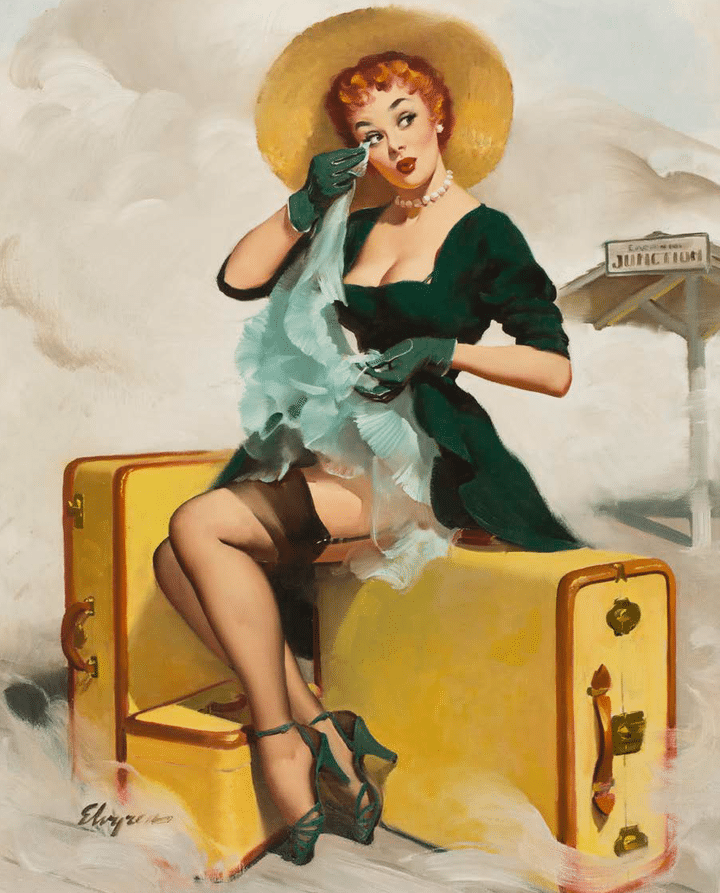 "Pin-up assise sur une valise" de Gil Elvgren (1950)
 (Xavier Defaix)