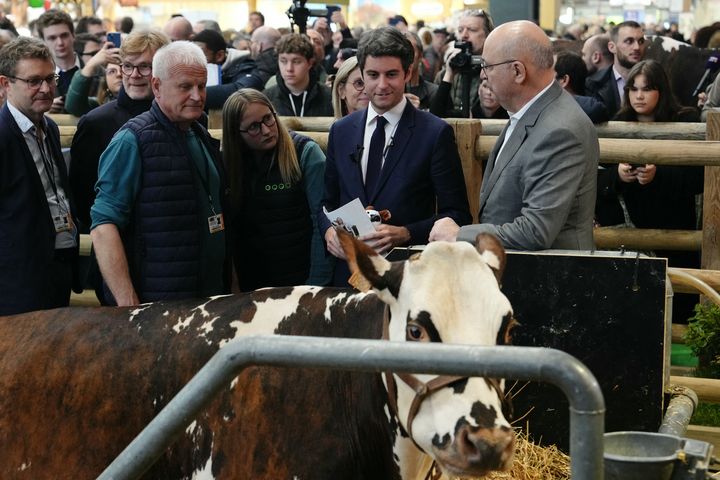 Gabriel Attal en visite au Salon de l'agriculture, à Paris, le 27 février 2024. (DIMITAR DILKOFF / AFP)