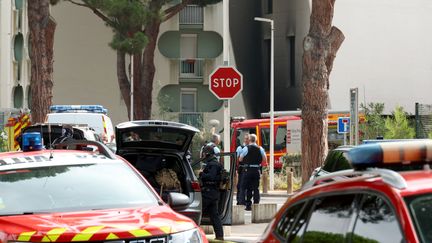 Des forces de l'ordre devant la synagogue de La Grande-Motte (Hérault), le 24 août 2024. (PASCAL GUYOT / AFP)