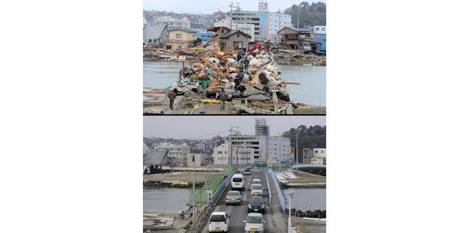 Ishinomaki en mars 2011(en haut) et janvier 2012 (en bas)
 (Toru Yamanaka Kim Jae-Hwan / AFP)