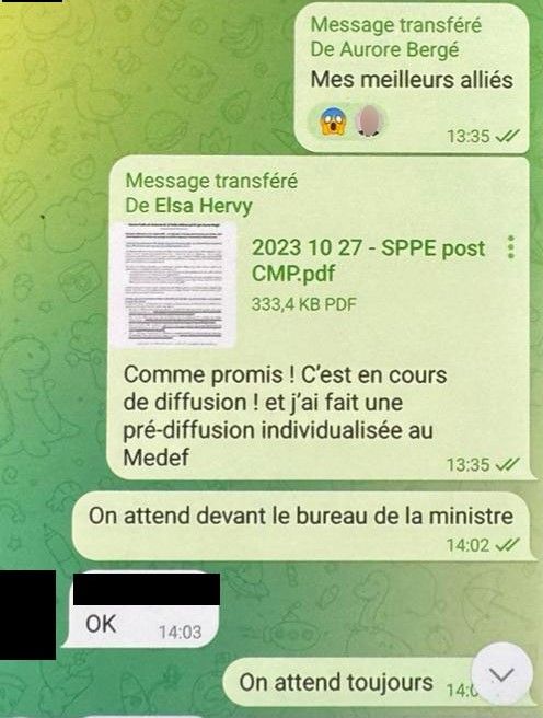 Selon les documents fournis par Victor Castanet, les acteurs du secteur des crèches privés auraient eu des contacts réguliers avec Aurore Bergé et son cabinet ministériel. (CAPTURE D'ECRAN WHATSAPP / VICTOR CASTANET / FRANCEINFO)