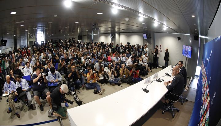 Une&nbsp;conférence de presse de Zinédine Zidane au centre d'entraînement du Real Madrid, à Valdebebas, le 30 mai 2017. (ANGEL MARTINEZ / REAL MADRID)