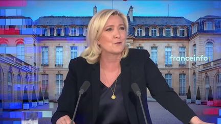 Marine Le Pen,&nbsp;candidate du Rassemblement national à l'élection présidentielle était l'invitée du "8h30 franceinfo", vendredi 8 avril 2022. (RADIO FRANCE / FRANCEINFO)