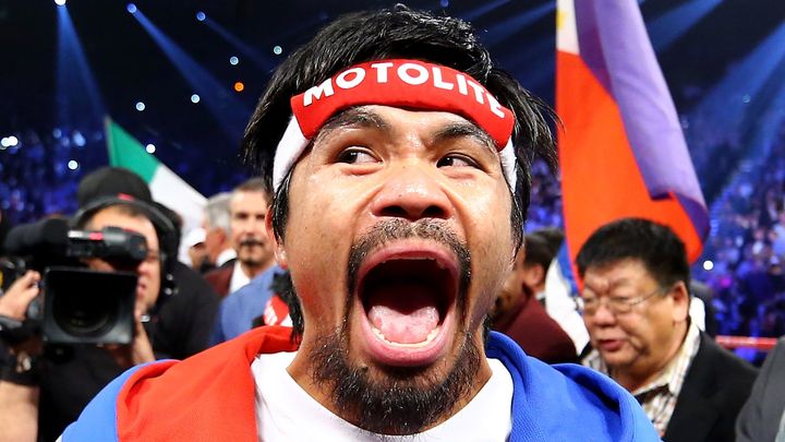 Le boxeur philippin Manny Pacquiao avant son match contre Juan Manuel Marquez &agrave; Las Vegas (Etats-Unis), le 8 d&eacute;cembre 2012.&nbsp; (AL BELLO / GETTY IMAGES NORTH AMERICA)