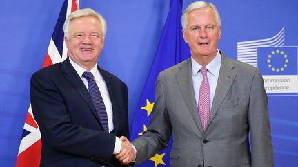 David Davis et Michel Barnier, lors des négociations sur le Brexit, le 17 juillet 2017. (DURSUN AYDEMIR / ANADOLU AGENCY)