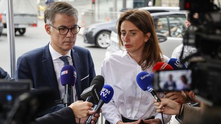 Le patron du Parti socialiste, Olivier Faure, et la cheffe des Ecologistes, Marine Tondelier, le 12 octobre 2023 à Paris. (LUDOVIC MARIN / AFP)