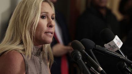 Marjorie Taylor Greene, élue du parti républicain aux Etats-Unis, le 6 janvier 2022 à Washington (Etats-Unis). (ANNA MONEYMAKER / GETTY IMAGES NORTH AMERICA / AFP)