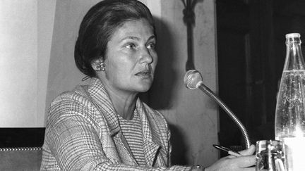 Simone Veil, alors ministre de la Santé, durant d'une conférence de presse au Palais Bourbon à Paris, le 2 mai 1975. (AFP)