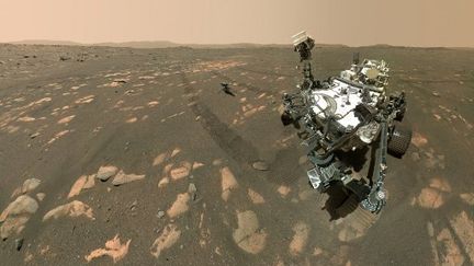 This NASA photo shows the Perseverance Mars rover in a selfie with the Ingenuity helicopter, seen here about 13 feet (3.9 meters) from the rover, on April 6, 2021, the 46th Martian day, or sol, of the mission and taken by the WATSON (Wide Angle Topographic Sensor for Operations and eNgineering) camera. - NASA is targeting no earlier than Sunday, April 11, for Ingenuity Mars Helicopter?s first attempt at powered, controlled flight on another planet. A livestream confirming Ingenuity?s first flight is targeted to begin around 3:30 a.m. EDT Monday, April 12. (Photo by Handout / various sources / AFP) (HANDOUT / CALTECH)