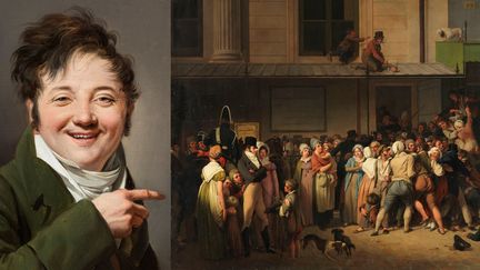 Louis-Léopold Boilly (1761-1845). A gauche: "Jean qui rit" (vers 1808-1810). Huile sur toile 21,5 x 17 cm, Collection particulière. A droite: "L'Entrée du théâtre de l'Ambigu-Comique à une représentation gratis", 1819. Huile sur toile, 65,5 x 81 cm. Paris, Musée du Louvre, Département des Peintures, Legs Mr George Heine. (COLLECTION PARTICULIERE / GUILLAUME BENOIT - RMN GRAND PALAIS (MUSEE DU LOUVRE) / PHILIPPE FUZEAU)