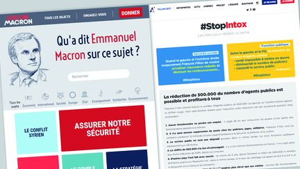 Les sites de campagne d'Emmanuel Macron et de François Fillon proposent du fact-checking. (Captures d'écrans)