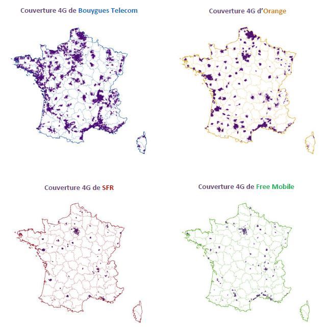 La couverture 4G des quatre op&eacute;rateurs fran&ccedil;ais, publi&eacute;e par l'Autorit&eacute; de r&eacute;gulation des communications &eacute;lectroniques et des postes (Arcep), le 10 juillet 2014 (ARCEP)