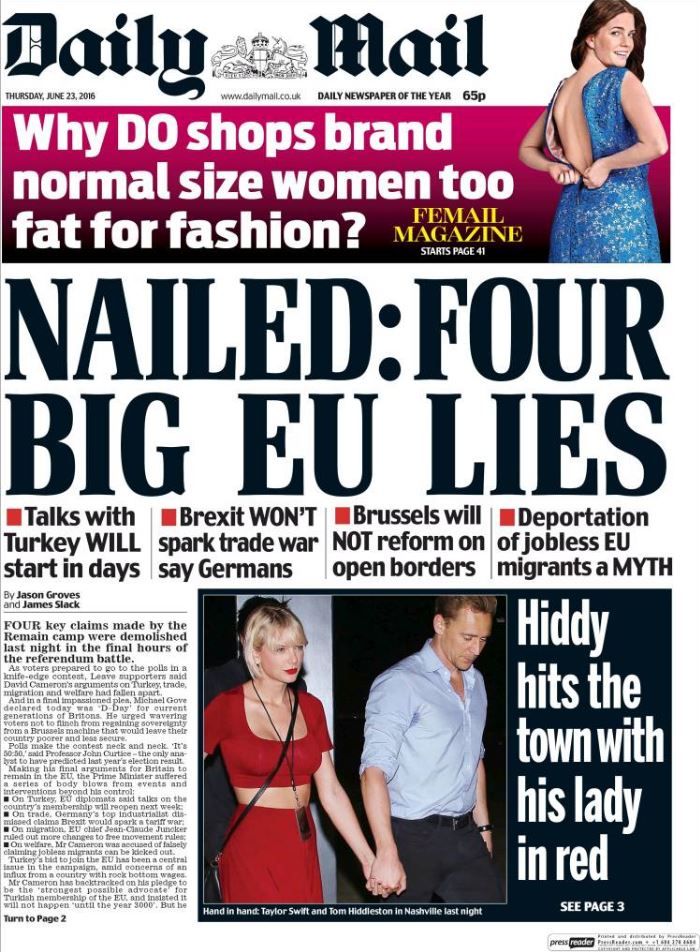 Le Dailymail, le 23 juin 2016. (DAILYMAIL / FRANCETV INFO)