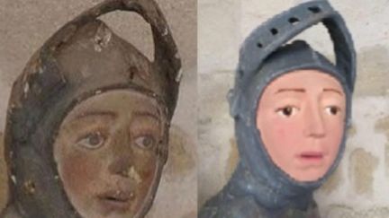 La statue de saint Georges de l'église San Miguel à Estella (Espagne), avant et après sa restauration. (ARTUS / FACEBOOK)