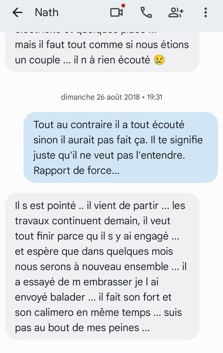 Un message envoyé par Nathalie Debaillie à son frère, en août 2018. (CAPTURE PORTABLE NATHALIE DEBAILLIE)