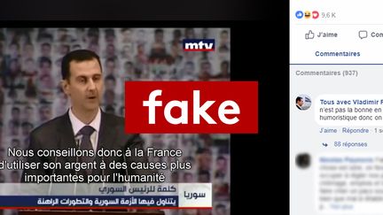 Une vidéo détournée d'un discours de Bachar Al-Assad est partagée sur Facebook après les frappes françaises sur la Syrie (Capture d'écran Facebook)