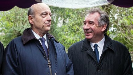 Alain Jupp&eacute; et Fran&ccedil;ois Bayrou, le 10 novembre 2013 &agrave;&nbsp;Saint-L&eacute;on-sur-V&eacute;z&egrave;re (Dordogne). (YOHAN BONNET / AFP)