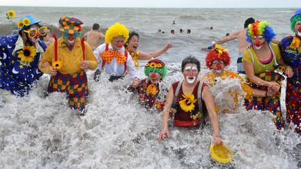 Le 23 d&eacute;cembre 2012, la traditionnelle baignade de No&euml;l des Otaries, &agrave; Saint-Gildas-de-Rhuys, dans le Morbihan, a rassembl&eacute; 354 baigneurs. Un nouveau record.&nbsp; (THIERRY CREUX / OUEST FRANCE / MAXPPP)