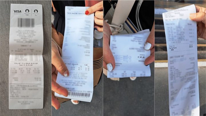 Les tickets de caisse de spectateurs des Jeux olympiques rencontrés à la sortie du megastore des Champs-Elysées, le 31 juillet 2024. (RAPHAEL GODET / FRANCEINFO)