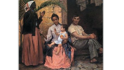 Ce tableau est ouvertement raciste : la mère noire lève les bras au ciel et le remercie d&#039;avoir une fille métisse qui a épousé un jeune homme blanc, tandis que l&#039;enfant fait quasiment un geste de bénédiction et évoque les enfants des peintures baroques italiennes du XVII siècle. 
 (DR)