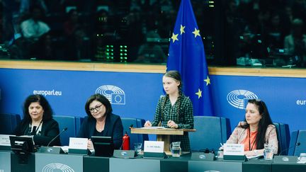 La Suédoise Greta Thunberg s'exprime face à la commission de l'environnement du Parlement européen, le 16 avril 2019 à Strasbourg (Bas-Rhin). (ABDESSLAM MIRDASS / HANS LUCAS / AFP)