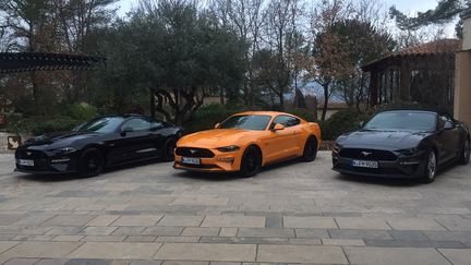 Parmi les nouvelles versions de la Ford Mustang, à gauche les Fastback V8 GT et à droite&nbsp;le&nbsp;Convertible EcoBoost 2,3l. (SERGE MARTIN FRANCE INFO)