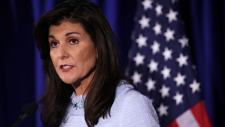 Nikki Haley, le 25 avril 2023 en Virginie (Etats-Unis). (ALEX WONG / GETTY IMAGES NORTH AMERICA / AFP)