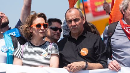 Laurent Berger and Marylise Léon, during the demonstration against the pension reform of June 6, 2023, in Paris.  (SAMUEL BOIVIN / NURPHOTO / AFP)