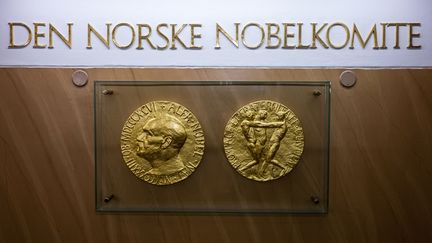 A replica of the medal awarded to the Nobel Peace Prize winner. (JONATHAN NACKSTRAND / AFP)