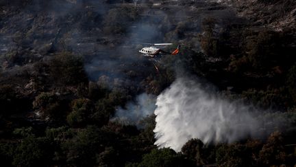 A helicopter responds to the fires ravaging the island of Euboea, Greece, on July 25, 2023. (GEORGE VITSARAS / ANA-MPA / MAXPPP)