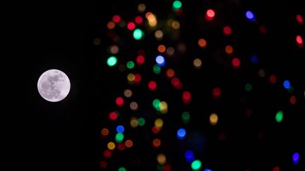 Toujours la "super Lune" et toujours à proximité d'un sapin décoré pour Noël. Ici, à Washington, la capitale fédérale des Etats-Unis. (SAMUEL CORUM / ANADOLU AGENCY / AFP)