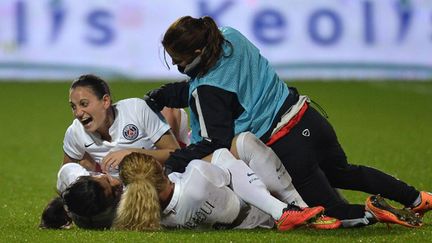 La joie des joueuses du PSG en Ligue des champions (JEFF PACHOUD / AFP)