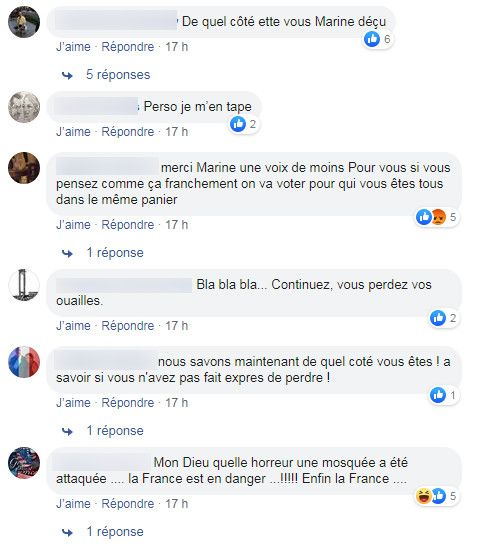 Capture d'écran de commentaires sur le post Facebook du RN condamnant l'attaque contre la mosquée de Bayonne. (FACEBOOK)