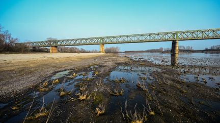 Le lit du Pô était presque à sec, le 21 février 2023, au niveau du pont de la Becca, en Italie. Un manque de neige sur les sommets des montagnes environnantes, l'absence de pluie et les températures douces ont fait chuter le niveau du plus important fleuve du pays. (PIERO CRUCIATTI / AFP)