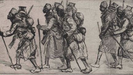 Eau-forte, dessin de Théophile-Alexandre Steinlen (estampes BDIC). Titre: «Des Sénégalais passent» (sous-entendu: «Des soldats sénégalais passent»). (Coll. La contemporaine)