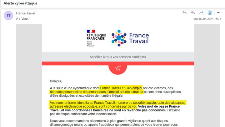 Capture d'écran du mail envoyé aux utilisateurs de France Travail et Cap emploi suite au piratage des données de leurs utilisateurs en février 2024. (CELLULE INVESTIGATION DE RADIOFRANCE)