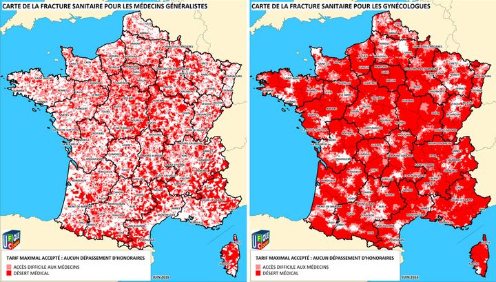 &nbsp; (Cartes de la fracture sanitaire française pour les généralistes et les gynécologues © UFC-Que Choisir)