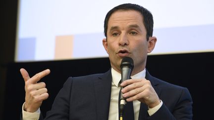 Benoît Hamon s'exprime devant l'Assemblée des départements français, à Paris, le 8 mars 2017.&nbsp; (ERIC FEFERBERG / AFP)