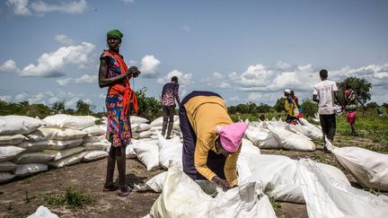 Des sacs de farine et de sorgho ont été lancés depuis un avion du Programme alimentaire mondial, le 3 juillet 2018, en pleine saison des pluies. Les Sud-Soudanais, après quatre années de conflit et une recrudescence des violences depuis juillet 2016, ont vu la production agricole s'effondrer dans des zones rurales auparavant stables. Ceux qui vivent en zones urbaines ont vu les produits alimentaires de base flamber. Un énième chapitre de réconciliation pourrait s'ouvrir après que les belligérants, le président Salva Kiir et le chef rebelle Riek Machar, ont signé un accord de paix, le 12 septembre 2018, au cours d'un sommet régional à Addis Abeba, la capitale éthiopienne.  (PATRICK MEINHARDT / AFP)