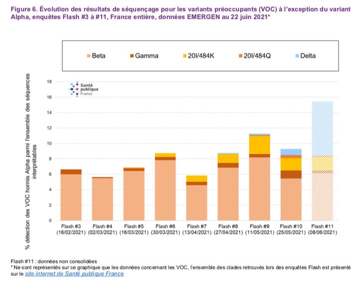 L'évolution des resultats de séquençage pour les variants préoccupants, avec en couleur bleu le variant Delta. (SANTE PUBLIQUE FRANCE)