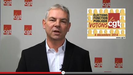 &nbsp; (Thierry Lepaon a affirmé vendredi dans un message vidéo que la CGT restait  "en tête" dans la fonction publique au vu des premiers résultats des élections professionnelles. Capture d'acran Youtube © DR)