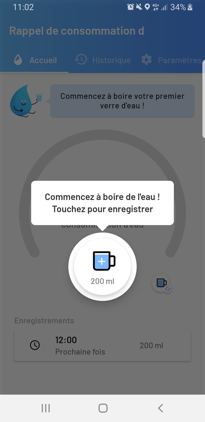 Capture d'écran de l'application Rappel de consommation d'eau, disponible sur Android.&nbsp; (Capture d'écran / Franceinfo)