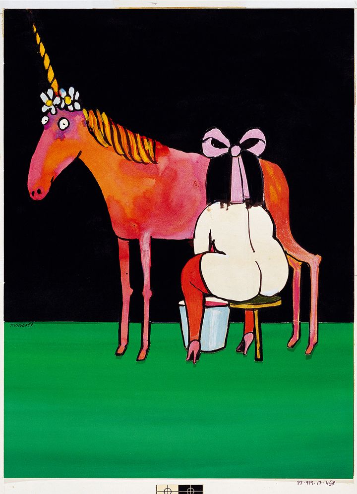 Tomi Ungerer, sans titre, Projet publicitaire pour la galerie marchande Truc à Boston, 1968. Lavis d’encres de couleur. Collection Musée Tomi Ungerer – Centre international de l’Illustration, Strasbourg
 (Diogenes Verlag AG Zürich \ Tomi Ungerer. Photo : Musées de la Ville de Strasbourg / Martin Bernhart)