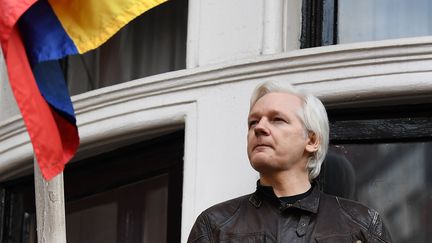 Julian Assange, le fondateur de WikiLeaks, à l'ambassade d'Equateur à Londres, le 19 mai 2019. (JUSTIN TALLIS / AFP)