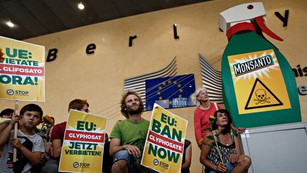 Des manifestants demandent l'interdiction du glyphosate en Europe, le 19 juillet 2017, devant le siège de la Commission européenne à Bruxelles (Belgique). (ALEXANDROS MICHAILIDIS / AFP)