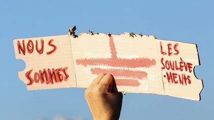 Une pancarte de soutien aux Soulèvements de la Terre brandie à Paris, le 19 avril 2023. (MOHAMMED BADRA / EPA)