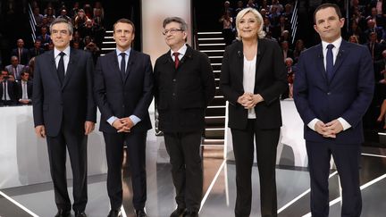 Les candidats à l'élection présidentielle, le 20 mars 2017 lors du débat à cinq, à Aubervilliers (Seine-Saint-Denis). (PATRICK KOVARIK / AFP)